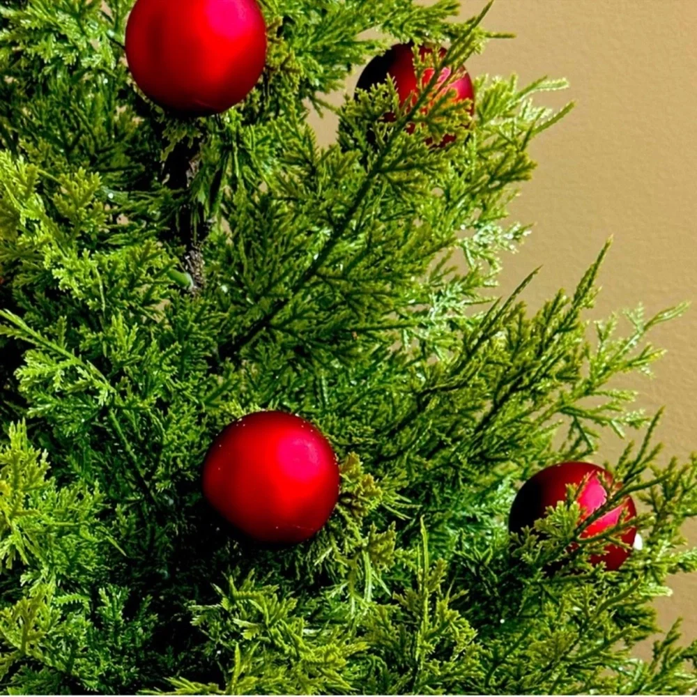 Artificial Cedar Tree w/ Red Vase Shaped Like A Bow & Ornaments, Ready to Ship